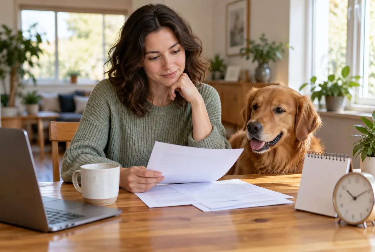 Woman reading papers beside golden-colored dog at desk with a clock and calendar